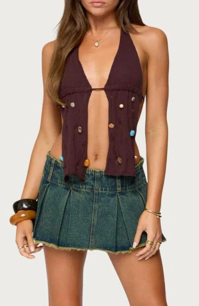 Edikted Beaded Distressed Split Front Halter Top In Brown