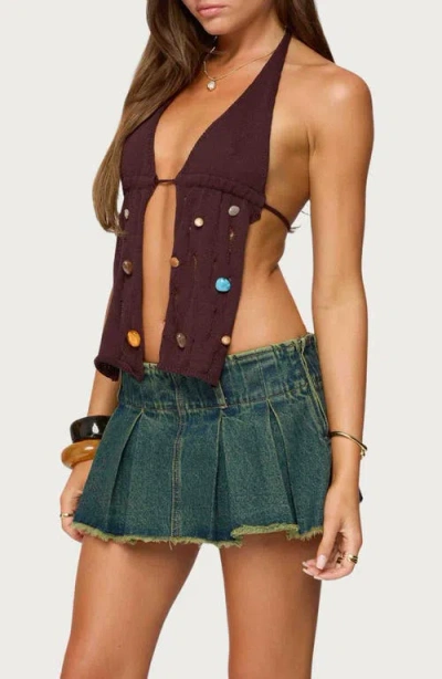 Edikted Beaded Distressed Split Front Halter Top In Brown