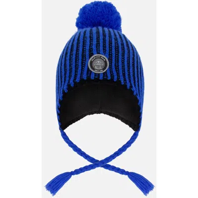 Deux Par Deux Winter Peruvian Knit Hat With Pompom And Lining In Blue