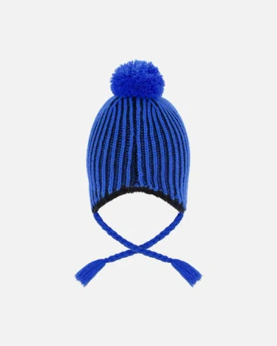 Deux Par Deux Winter Peruvian Knit Hat With Pompom And Lining In Blue