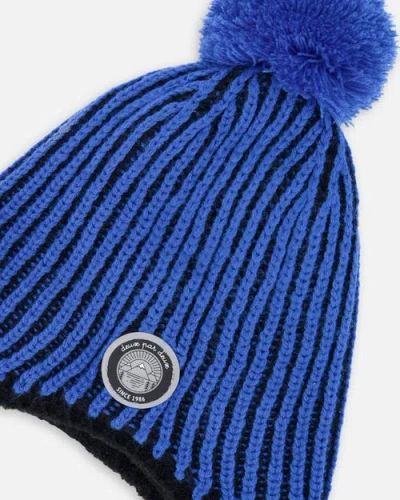 Deux Par Deux Winter Peruvian Knit Hat With Pompom And Lining In Blue