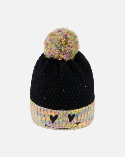 Deux Par Deux Lined Knit Hat With Pompom In Black