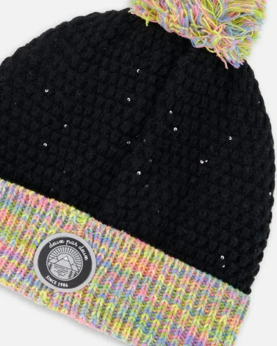 Deux Par Deux Lined Knit Hat With Pompom In Black