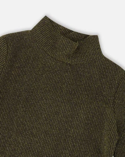 Deux Par Deux Shiny Rib Mock Neck Top In Green