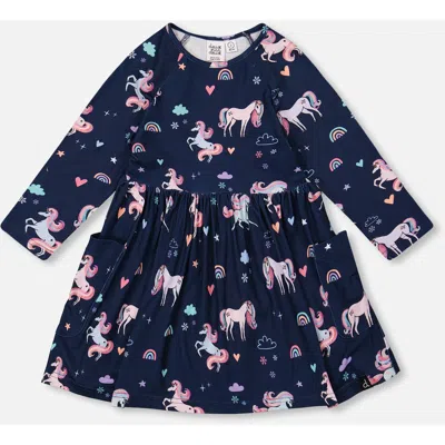 Deux Par Deux Jersey Dress With Pockets Unicorn In Blue