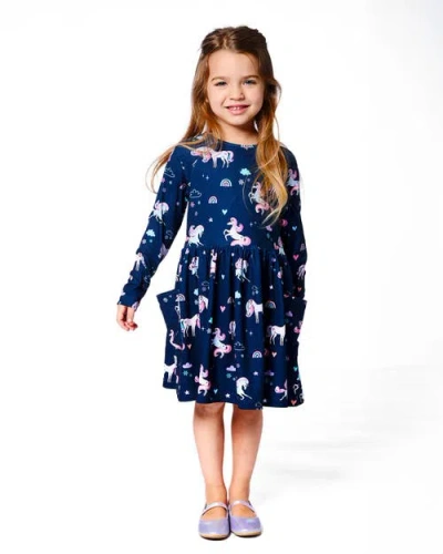 Deux Par Deux Jersey Dress With Pockets Unicorn In Blue