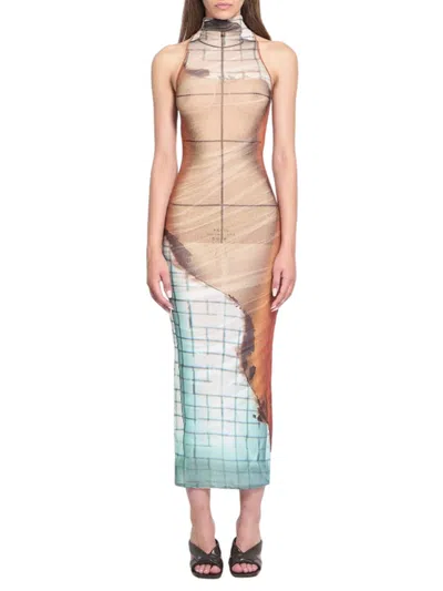 Jean Paul Gaultier Fire Printed Mesh Sleeveless Midi Dress In Multi