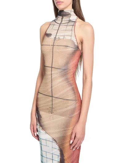 Jean Paul Gaultier Fire Printed Mesh Sleeveless Midi Dress In Multi