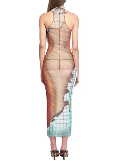 Jean Paul Gaultier Fire Printed Mesh Sleeveless Midi Dress In Multi
