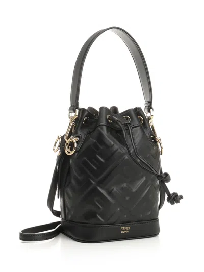 Fendi Women Mon Tresor Leather Bucket Bag With Ff Motif In Black