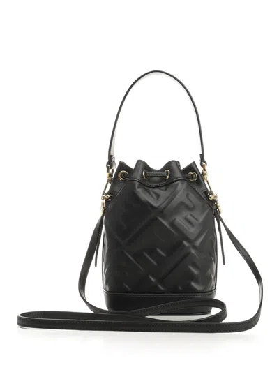 Fendi Women Mon Tresor Leather Bucket Bag With Ff Motif In Black
