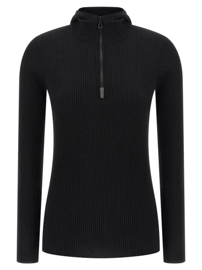 Brunello Cucinelli Knit Sweater Hood Ribbed Texture In Black