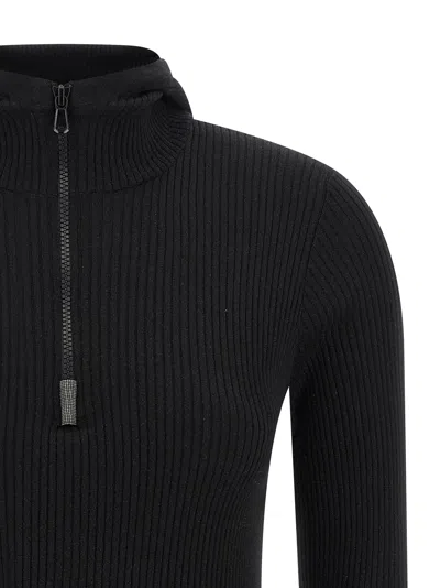 Brunello Cucinelli Knit Sweater Hood Ribbed Texture In Black