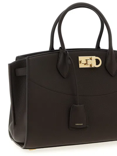 Ferragamo Structured Brown Calf Goat Leather Handbag In Brown