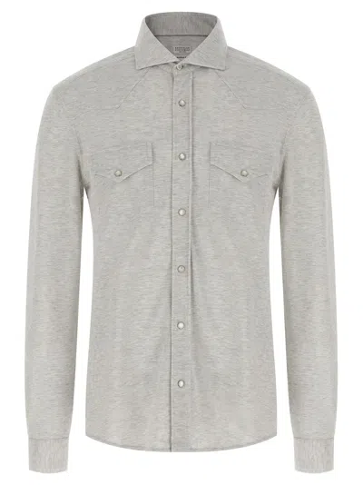 Brunello Cucinelli Cotton Shirt With Collar And Pockets In Gray