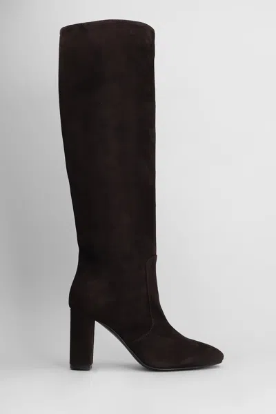 Via Roma 15 Black Suede Ankle Boots With Refined Block Heel In Brown