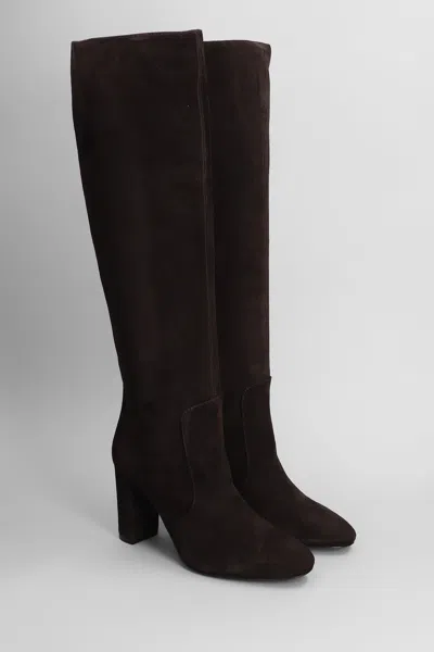 Via Roma 15 Black Suede Ankle Boots With Refined Block Heel In Brown