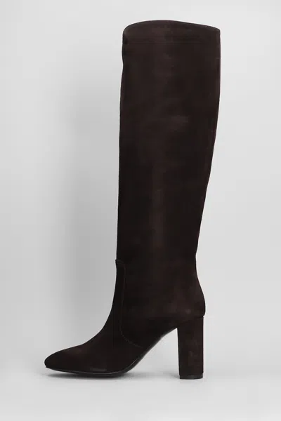 Via Roma 15 Black Suede Ankle Boots With Refined Block Heel In Brown
