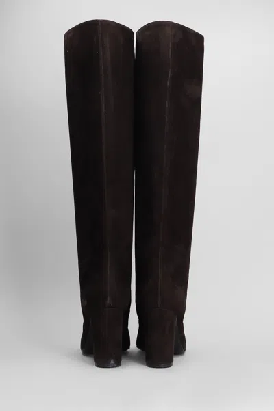 Via Roma 15 Black Suede Ankle Boots With Refined Block Heel In Brown