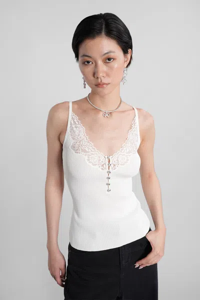 Self-portrait Lace Trim Rib Knit Viscose Blend Top In White