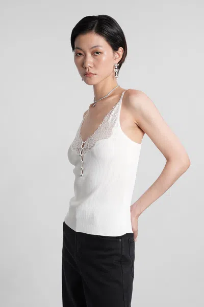 Self-portrait Lace Trim Rib Knit Viscose Blend Top In White