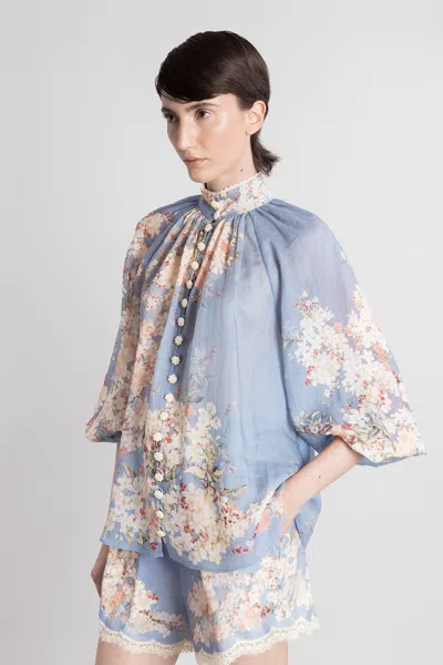Zimmermann Cascadian Billowed Ramie Shirt In Blue