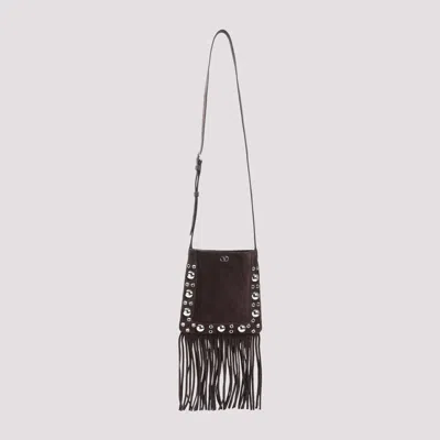 Valentino Fringed Suede Shoulder Bag With Adjustable Strap In Black