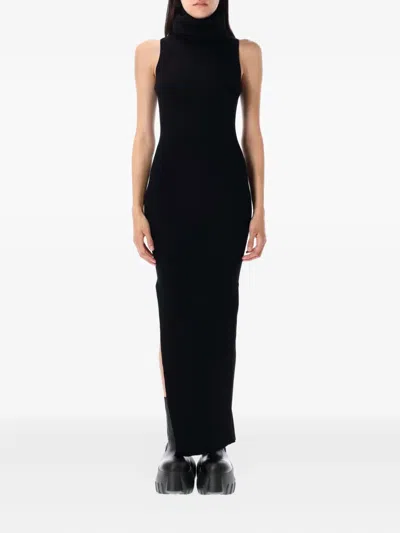 Rick Owens Ankle Length Ribbed Turtleneck Dress In Black