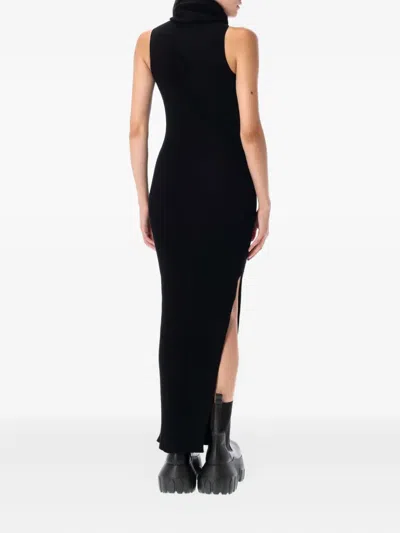 Rick Owens Ankle Length Ribbed Turtleneck Dress In Black