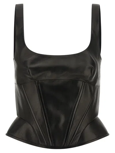 Ermanno Scervino Square Neckline Leather Top With Panel Detailing In Black