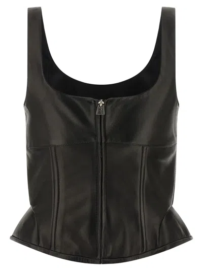Ermanno Scervino Square Neckline Leather Top With Panel Detailing In Black