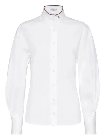 Brunello Cucinelli Stretch Cotton Poplin Shirt With Shiny Collar Detail In White