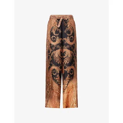 Zimmermann Wide-leg Trousers With Intricate Baroque Print And Adjustable Waistband In Brown