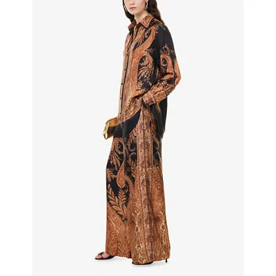 Zimmermann Wide-leg Trousers With Intricate Baroque Print And Adjustable Waistband In Brown