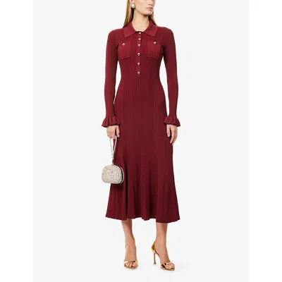 Self-portrait Knee Length Dress With Flared Cuffs And Pockets In Burgundy