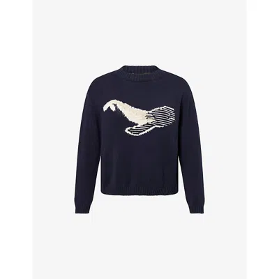 Weekend Max Mara Omens Navy Nespola Round-neck Cotton-blend Jumper In Blue