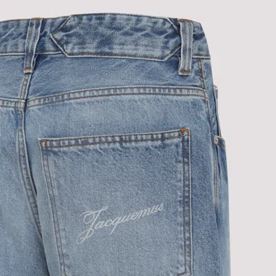Jacquemus Wide Leg High Rise Jeans With Contrast Stitching In Blue