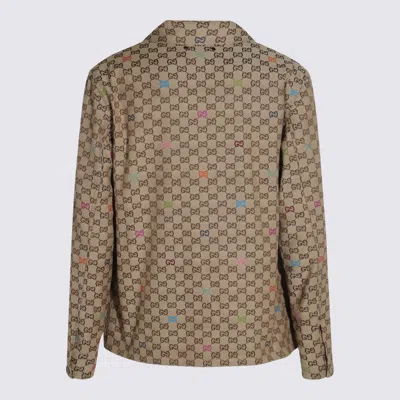 Gucci Beige Shirt With Spread Collar And Two Front Welt Pockets In Gg Canvas Man In Neutral