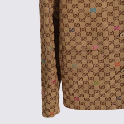 Gucci Beige Shirt With Spread Collar And Two Front Welt Pockets In Gg Canvas Man In Neutral