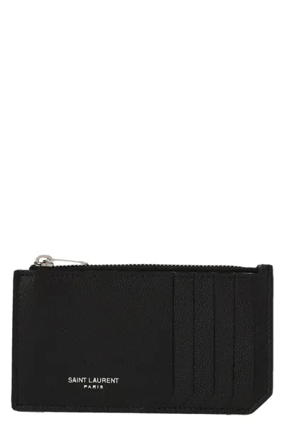 Saint Laurent Fragments Zipped Card Case In Grain De Poudre Leather Accessories In Black