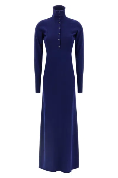 Tom Ford High Neck Buttoned Maxi Dress With Long Sleeves In Blue