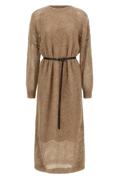 Brunello Cucinelli Hazelnut Color Midi Dress With Waist Belt In Brown