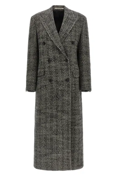 Tagliatore Wool Double-breasted Coat Herringbone Pattern In Gray