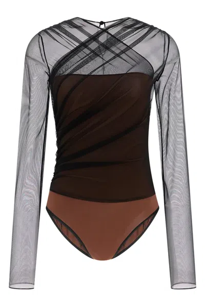 Nensi Dojaka 'mesh Overlay Geometric Pattern Bodysuit' In Black