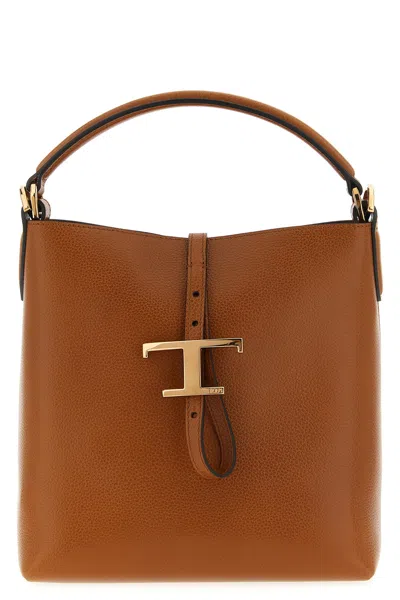 Tod's Brown Textured Leather Bucket Bag With Adjustable Strap And Gold-tone Logo In Brown