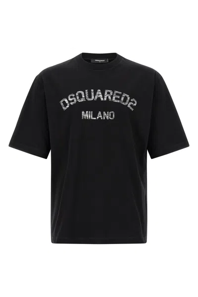 Dsquared2 Loose Fit Tee Logo Dsq2 Milano Sbiadito Effetto Texture Jersey Di Cotone T-shirt In Black