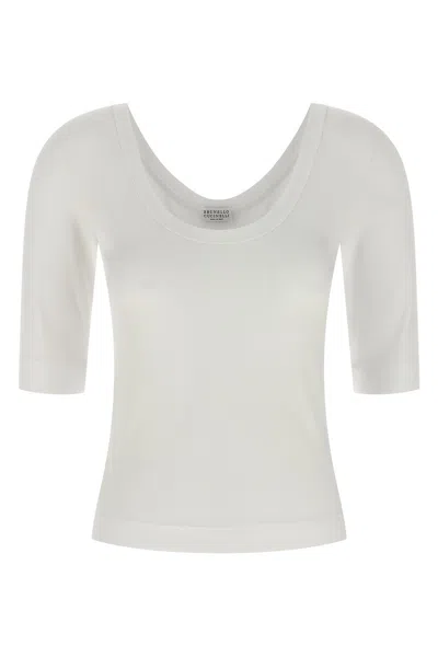 Brunello Cucinelli Ribbed Scoop Neck Stretch Fit T-shirt In White