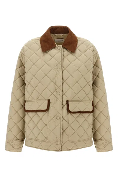 Miu Miu Quilted Jacket With Suede Collar And Pockets In Neutral