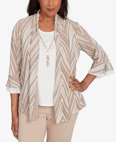 Alfred Dunner Women's Urban Legend Exploded Chevron Two In One Top With Necklace In Gray