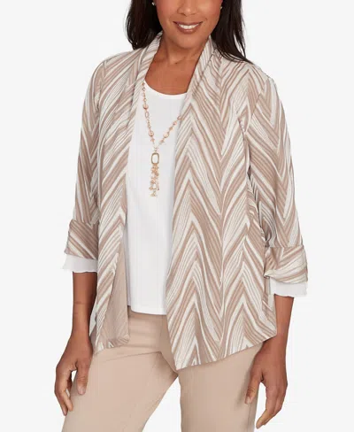 Alfred Dunner Women's Urban Legend Exploded Chevron Two In One Top With Necklace In Gray